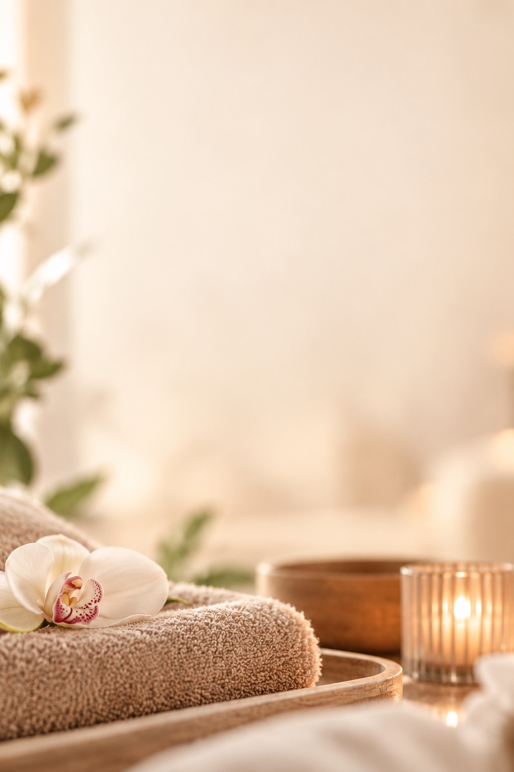 Handtuch mit Orchidee, Holzschale und Kerze – Massage und Entspannung bei Wellness Oberlausitz in Oderwitz